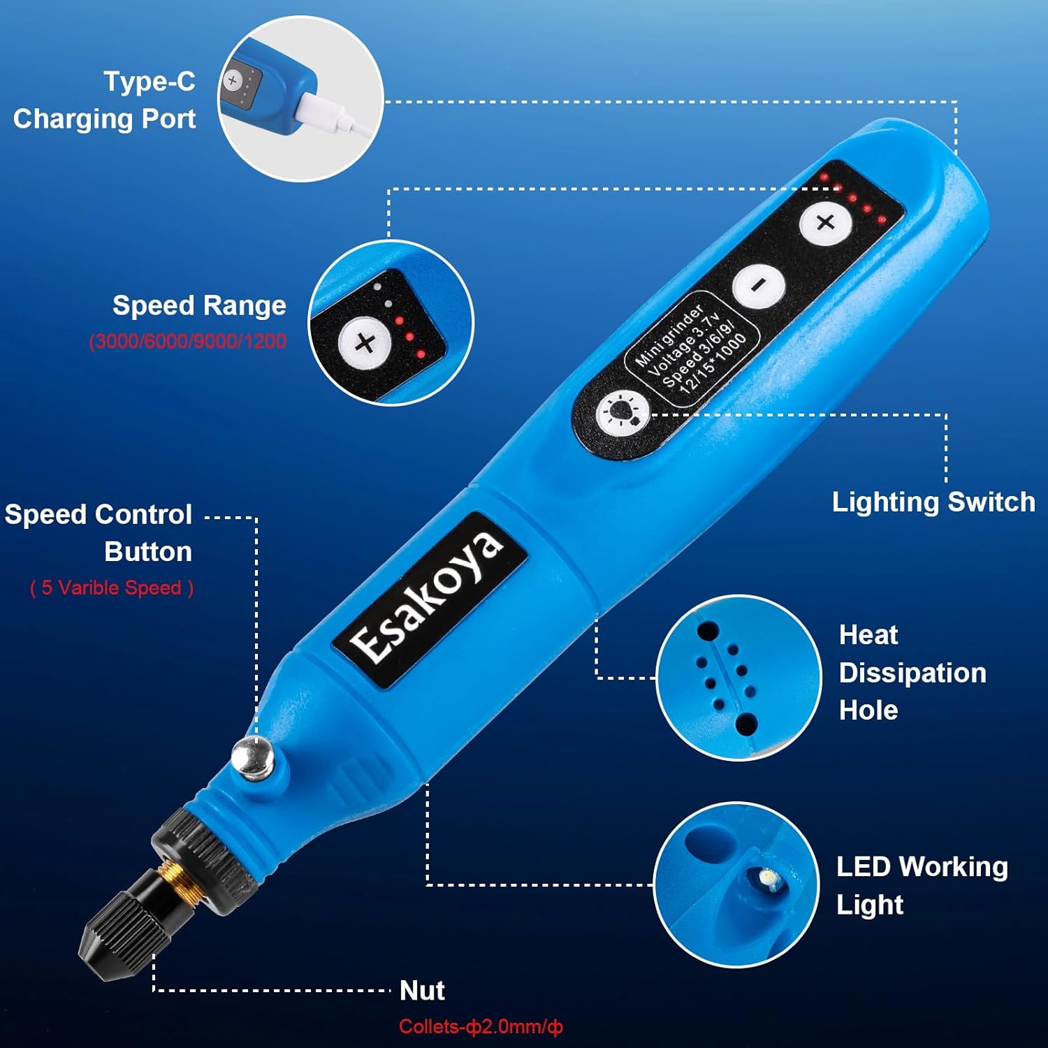 Cordless Rotary Tool, Mini Power Rotary Kit with 75 Accessories, 5 Variable Speed & 3.7v Type-C Charging Engraving Rotary Tool for Engraving, Sanding, Polishing, Drilling, Grinding, DIY Crafts